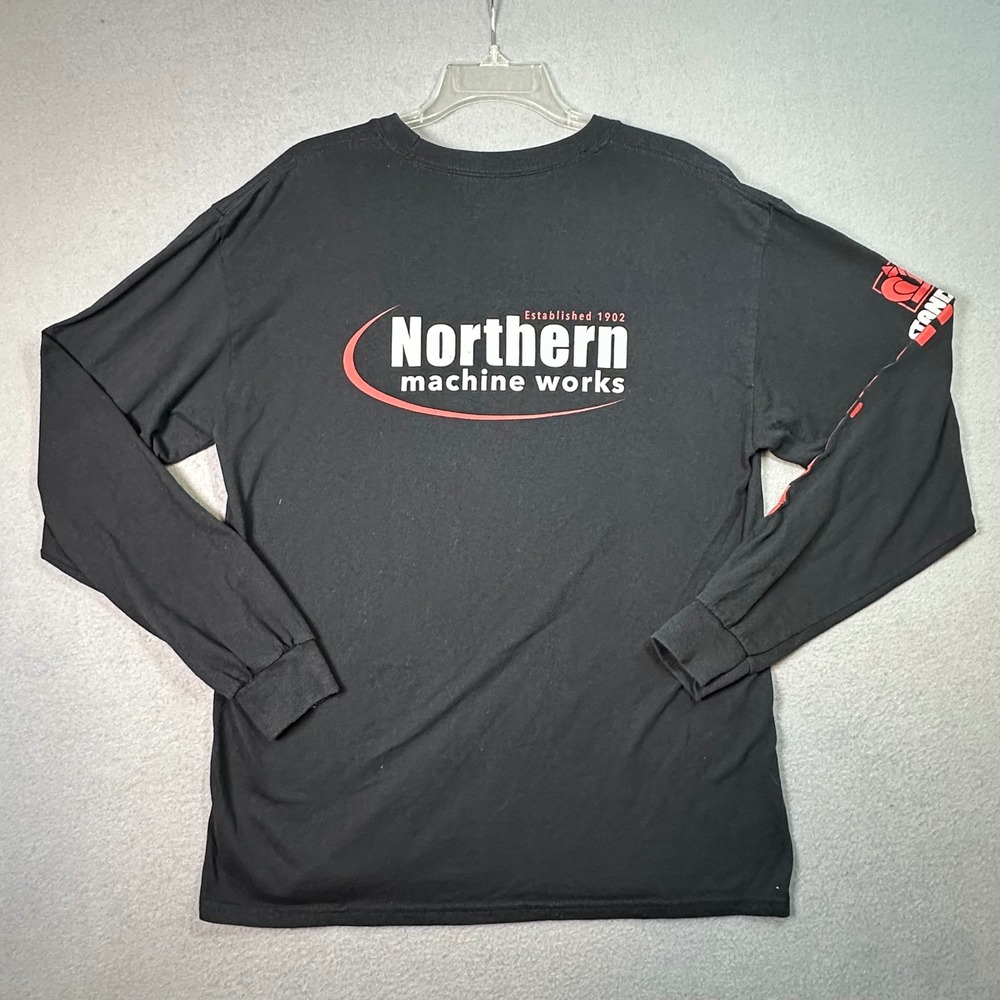 Gildan Northern Machine Works Long Sleeve Graphic T-Shirt Workwear Large Black